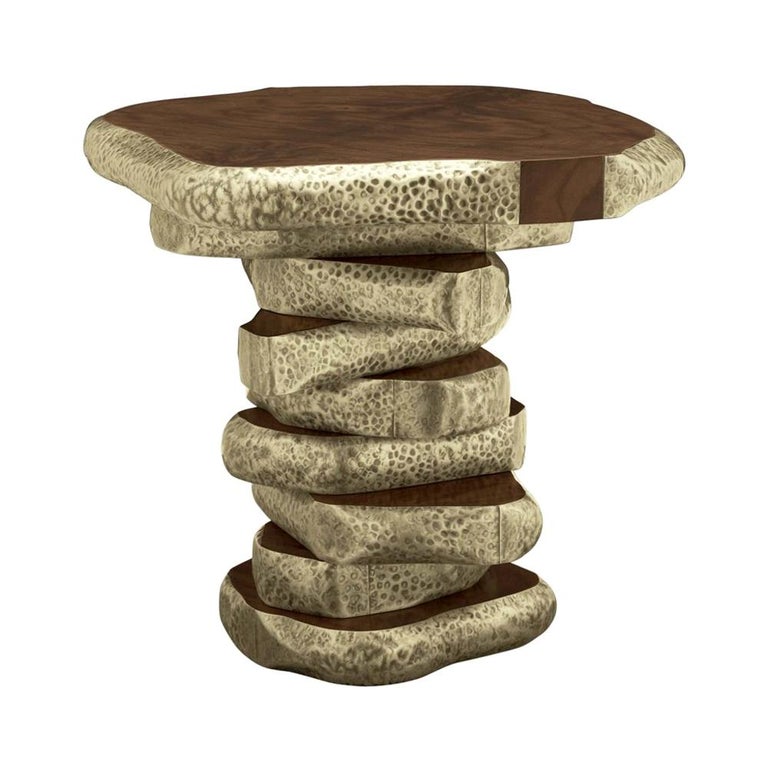 Walnut Slices Brassed Side Table For Sale
