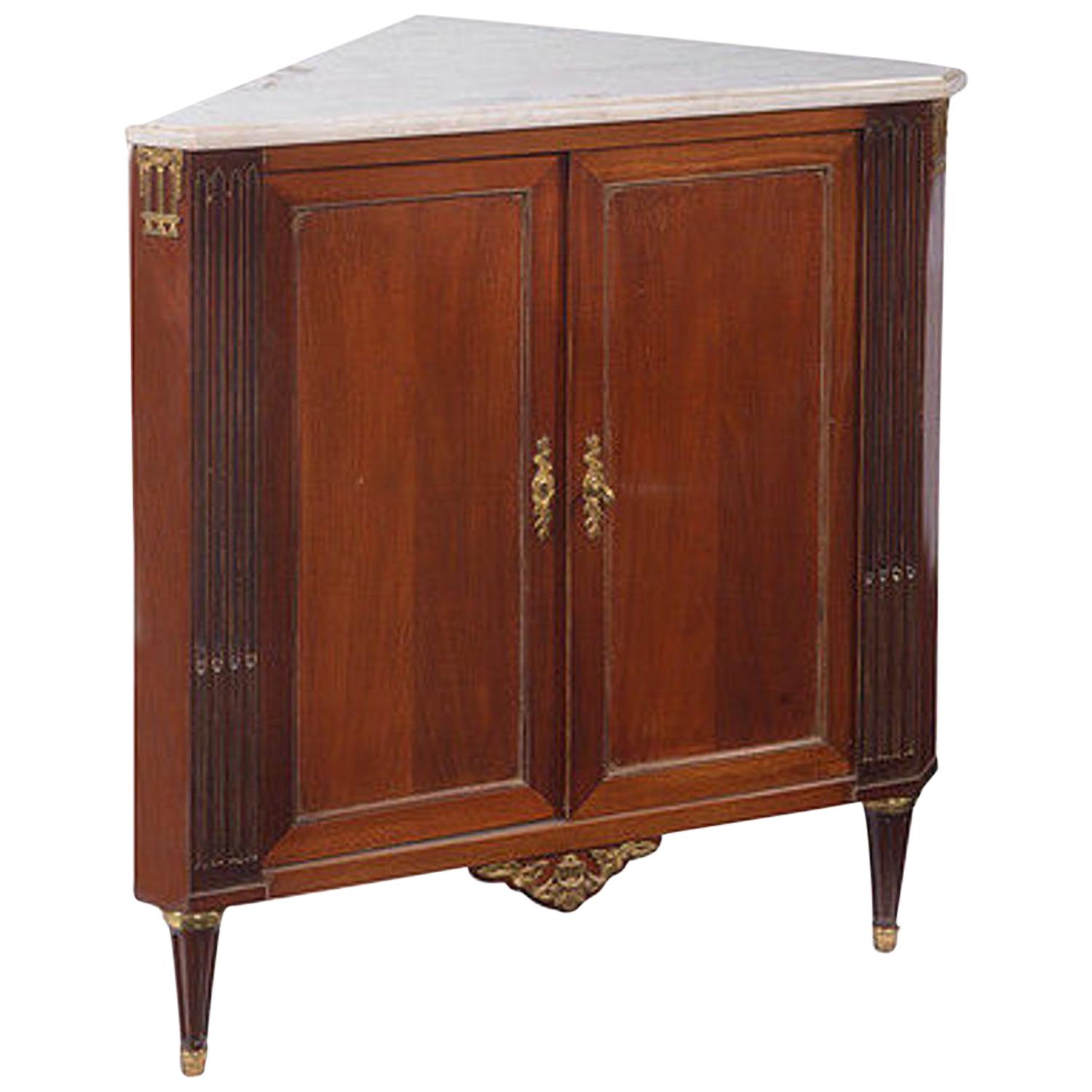 Continental Mahogany Corner Cabinet with a White Marble Top For Sale