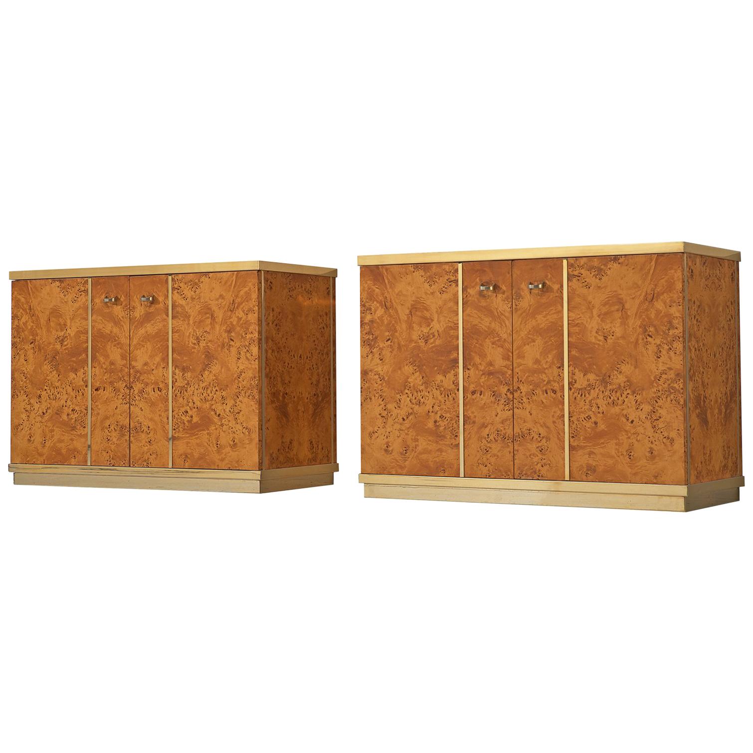 Pair of Italian Cabinets in Mappa Burl Wood and Brass
