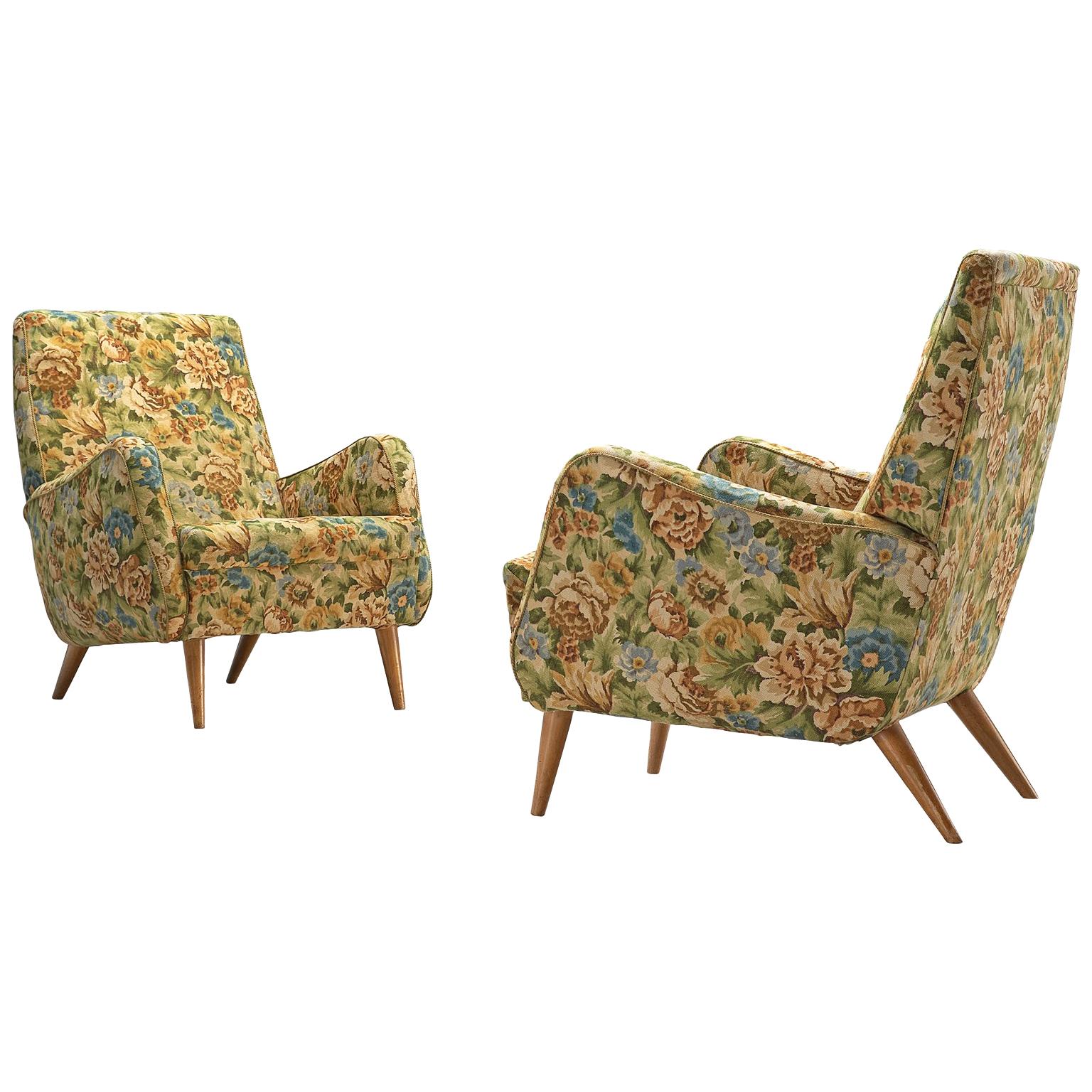 Italian Pair of Lounge Chairs in Original Floral Upholstery