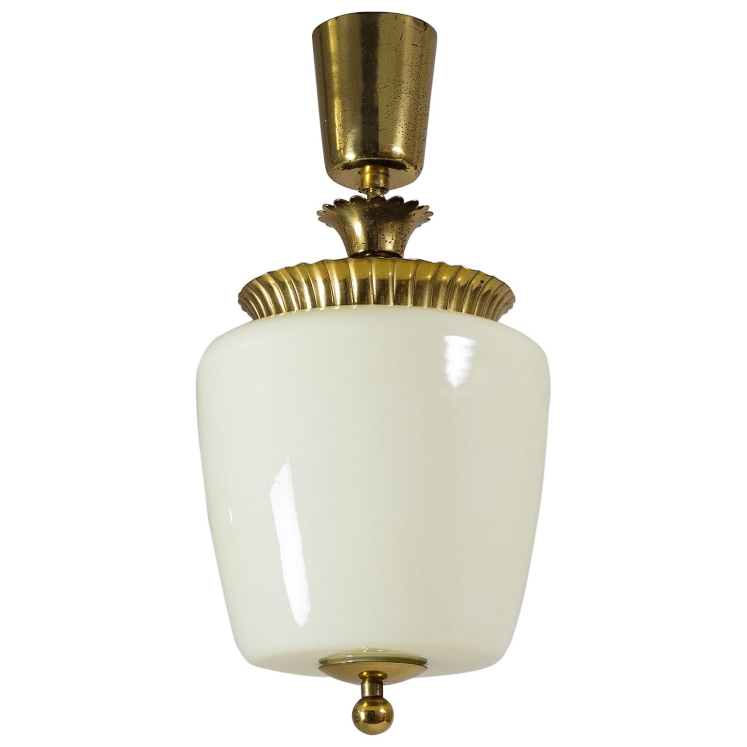 1940s Ceiling Light, Brass and Ivory Glass