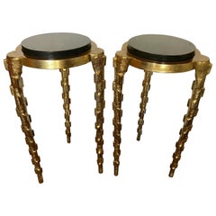 Pair of Round Brass and Black Marble Tea Cigarette Pedestal End Side Tables