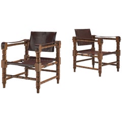 Pair of Safari Chairs with Sculptural Wooden Frames
