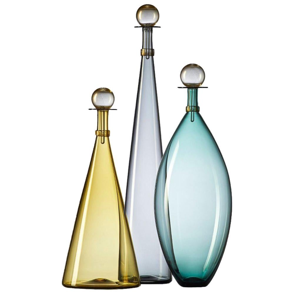 Colored Round Glass Bottle with Gold Stopper, Hand Blown Vase by Vetro