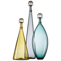 Set of Colorful Hand Blown Glass Vases - Aqua, Amber, Gray Bottles by Vetro Vero