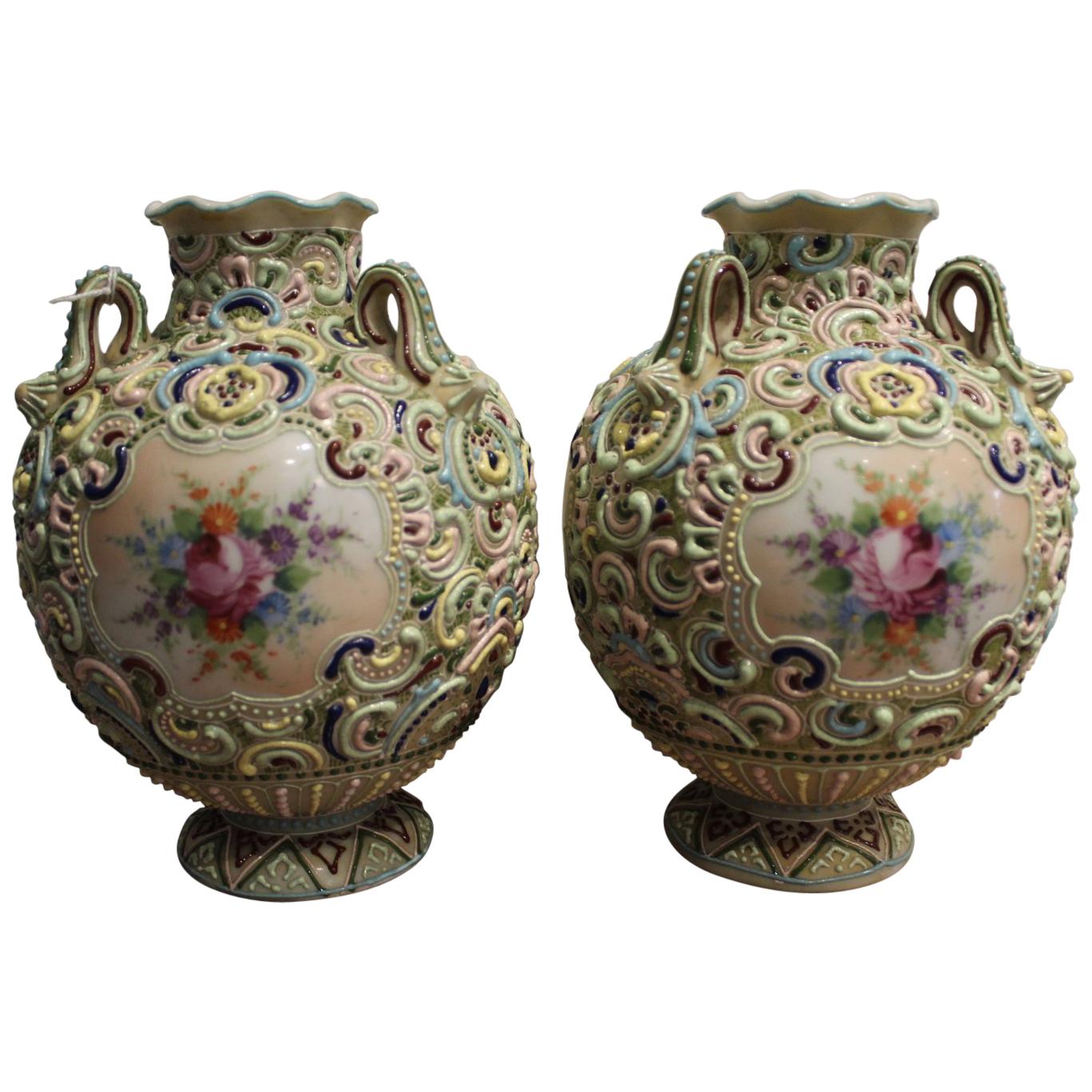 Pair of Round Moriage Nippon Vases, Beginning of the 20th Century, Porcelain For Sale