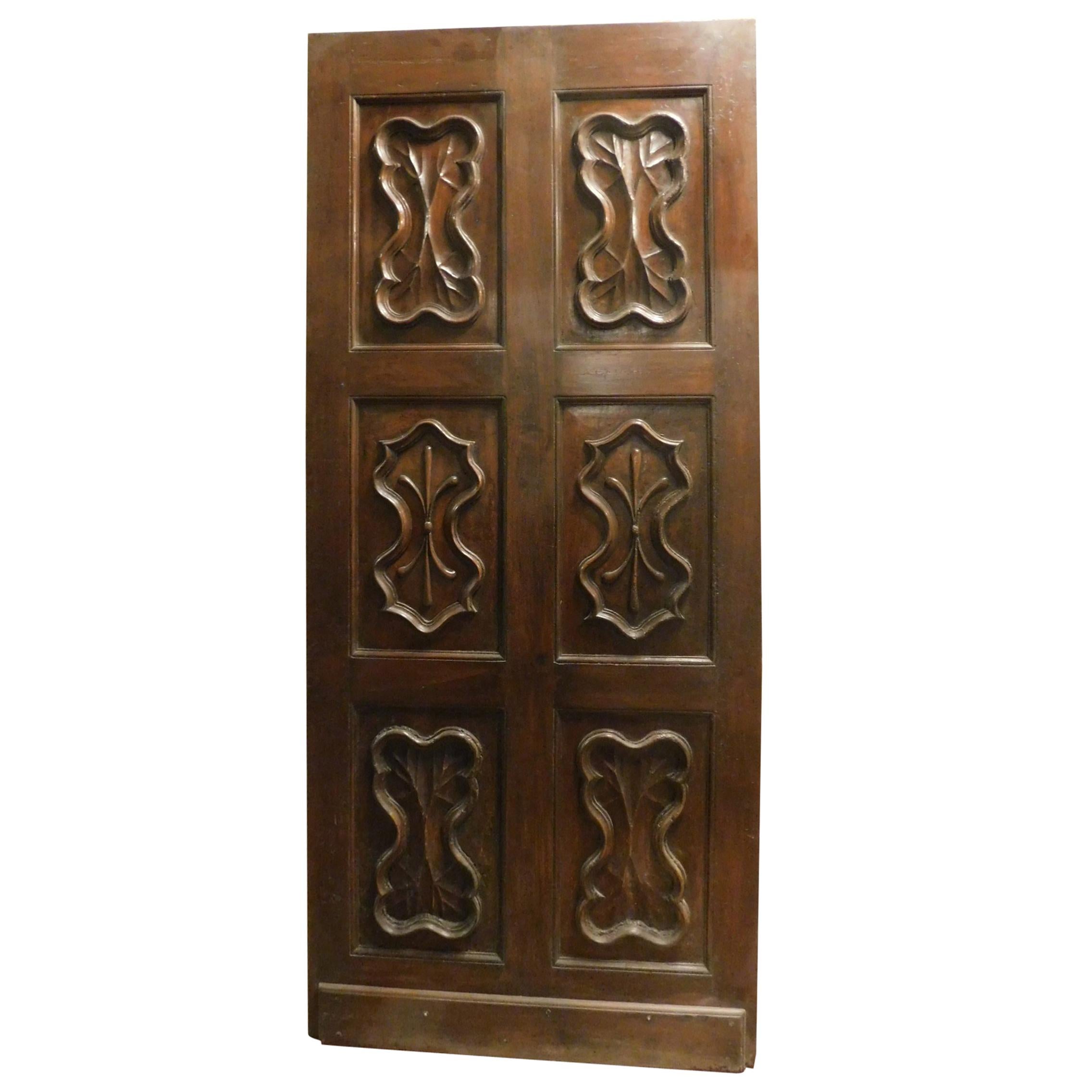 Antique Brown Wood Thin Door Carved, Italy 1700, Walnut Elegant with Spider Web