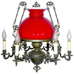Large French Victorian Library Hanging Oil Lamp Ruby Red Glass Bronze Chandelier