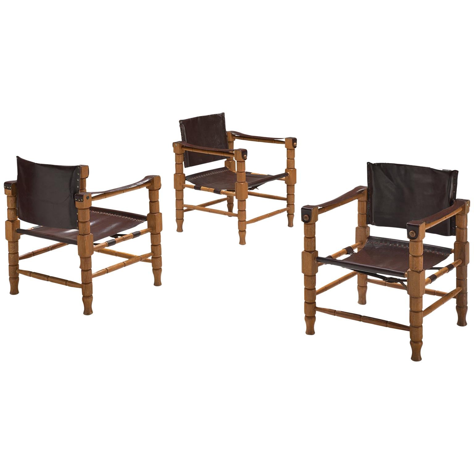 Set of Three Safari Chairs with Sculptural Wooden Frames