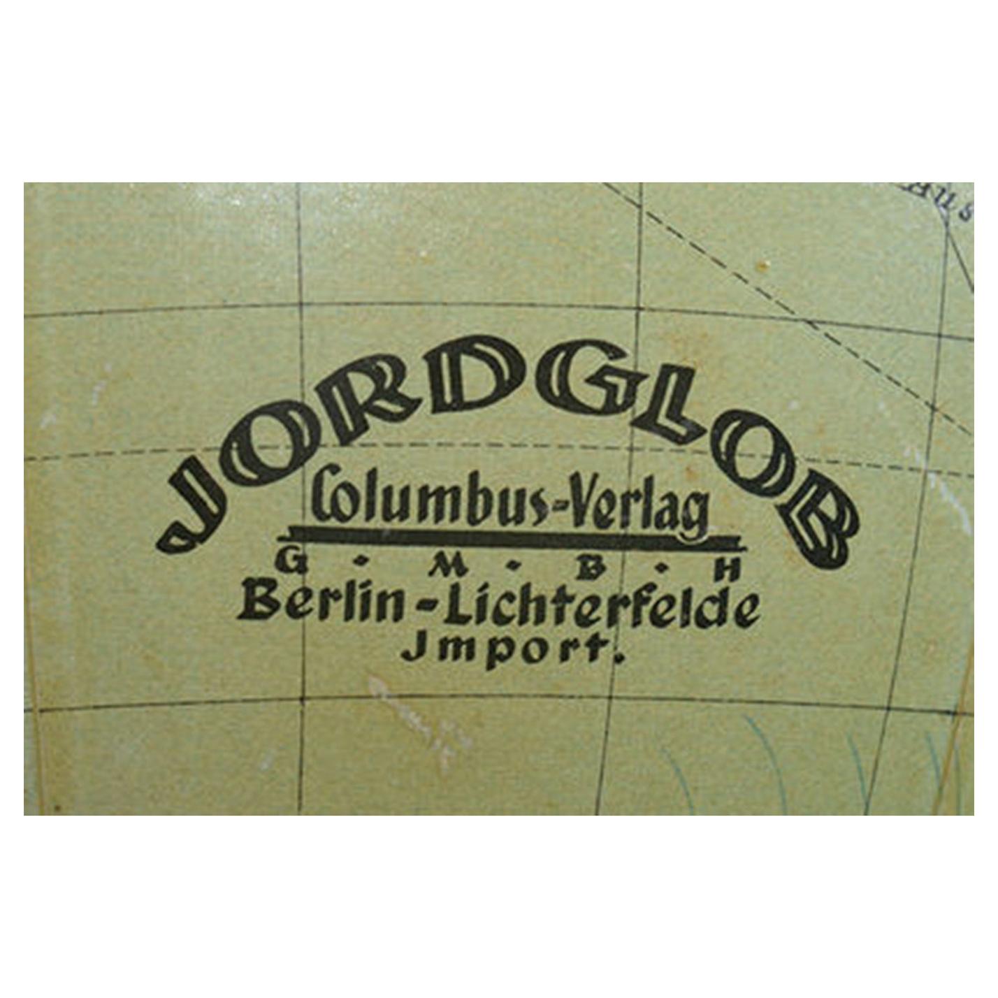 A good quality globe by the well respected and sort after maker, Columbus Jordglob. The globe has a brass support and a wooden base.
The text printed on the globe is in Swiss.

 