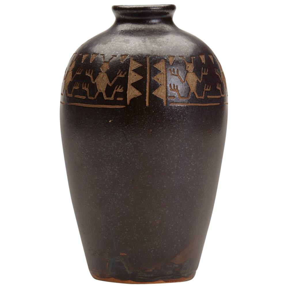 Vintage Japanese Studio Pottery Stoneware Insect Design Vase, Signed