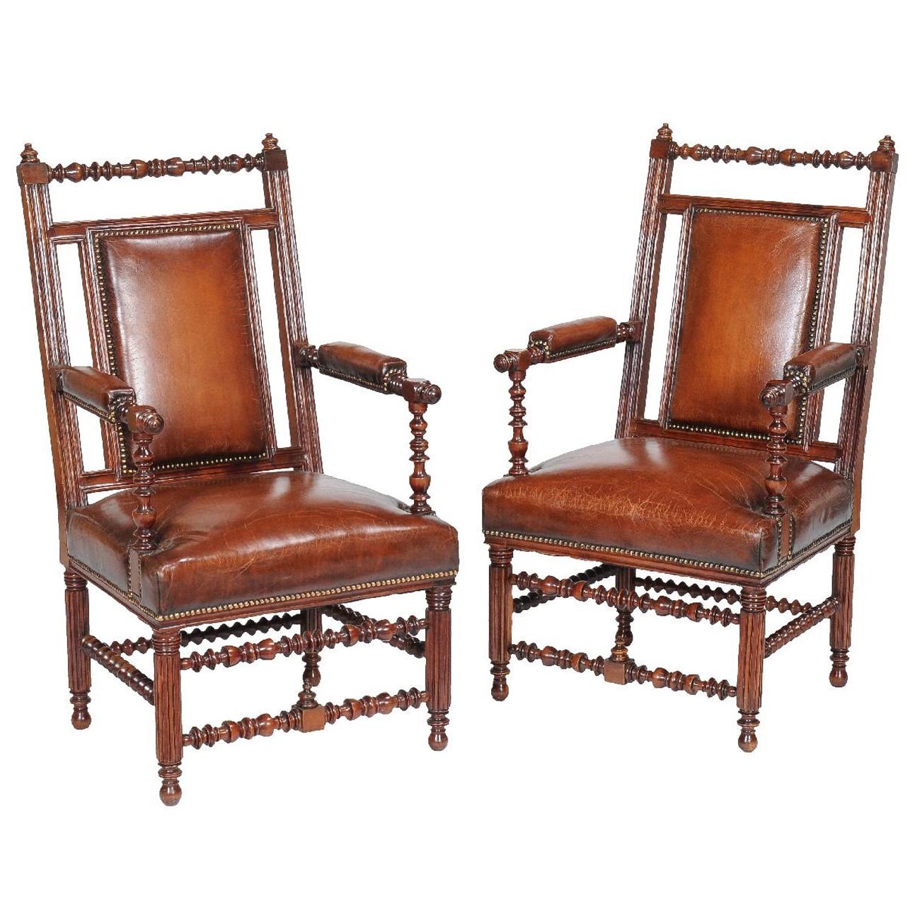 Pair of 19th Century English Victorian Gothic Revival Walnut Armchairs