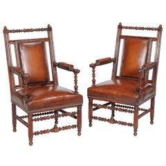 Antique Pair of 19th Century English Victorian Gothic Revival Walnut Armchairs