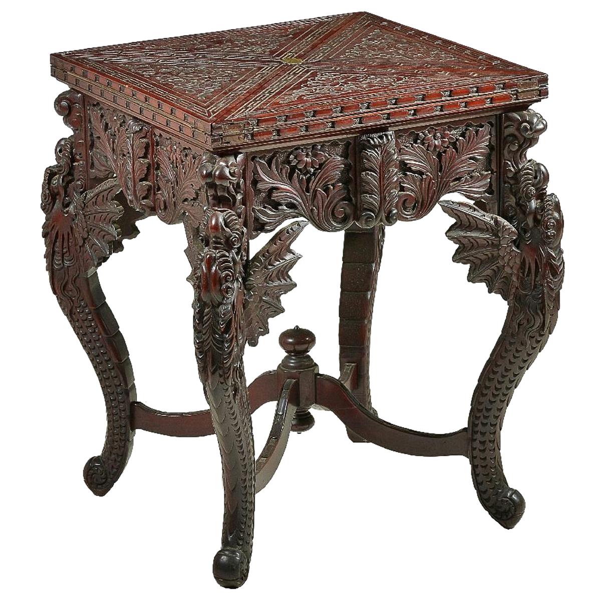 19th Century Chinese Carved Hardwood Envelope Card Table