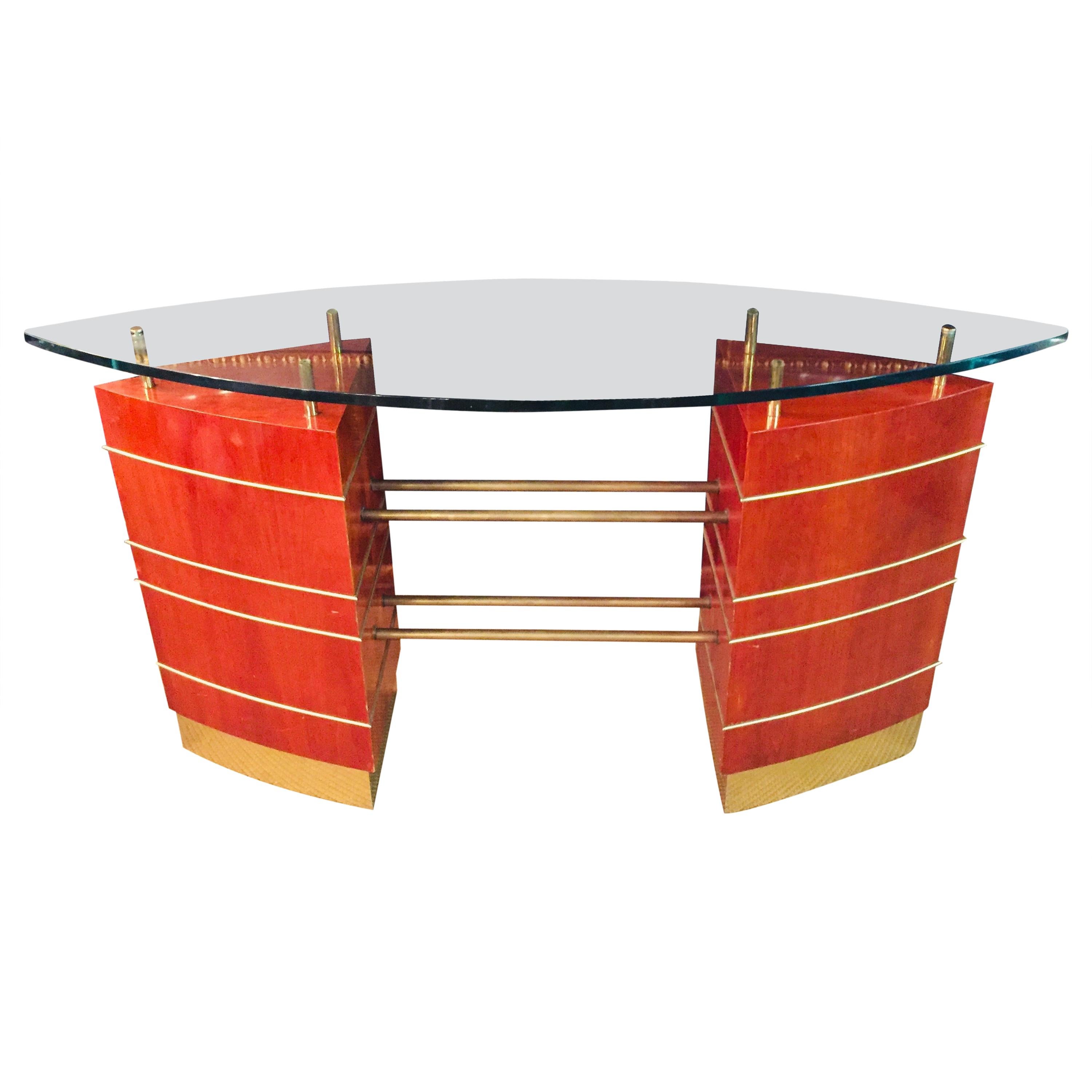 Art Deco Glass Desk or Reception Table maple veneer