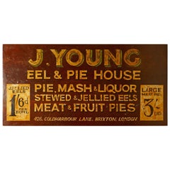 Antique Large Painted Wooden Advertising Sign, Youngs London Eel and Pie Shop