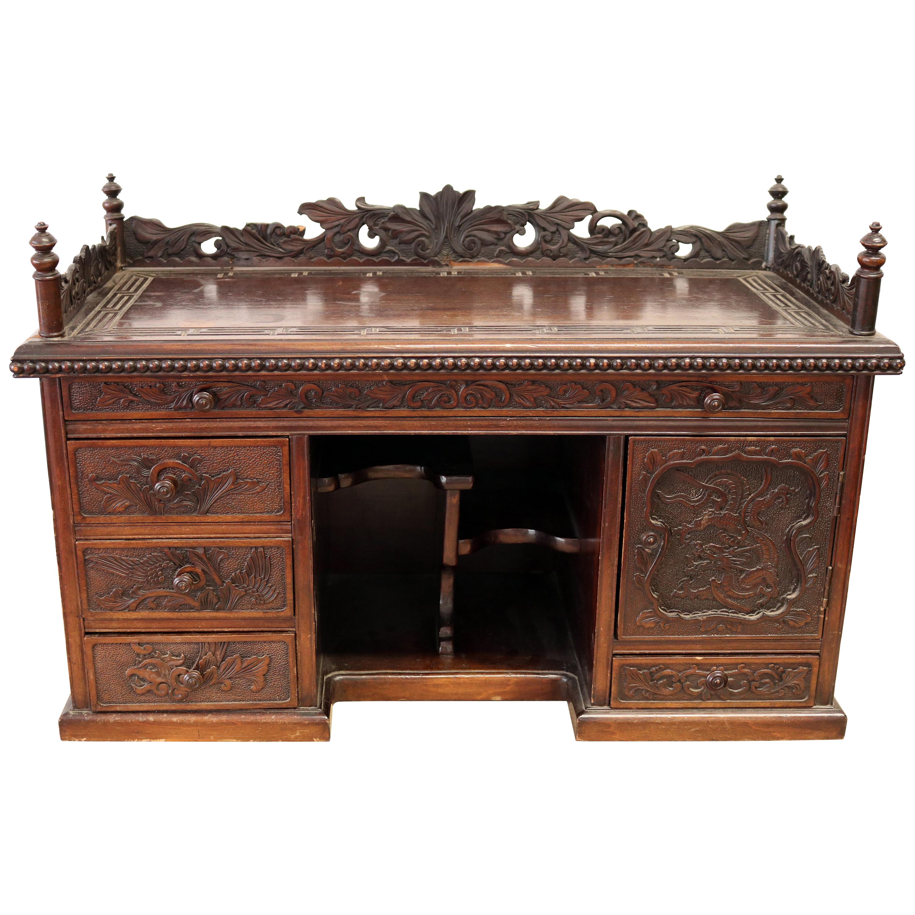 Hardwood Chinese Oriental Gothic Dark Carved Wood Chest Cabinet For Sale