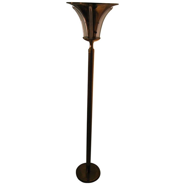 Art Deco Brass Floor Lamp with Lucite Fins Torchiere For Sale at 1stdibs