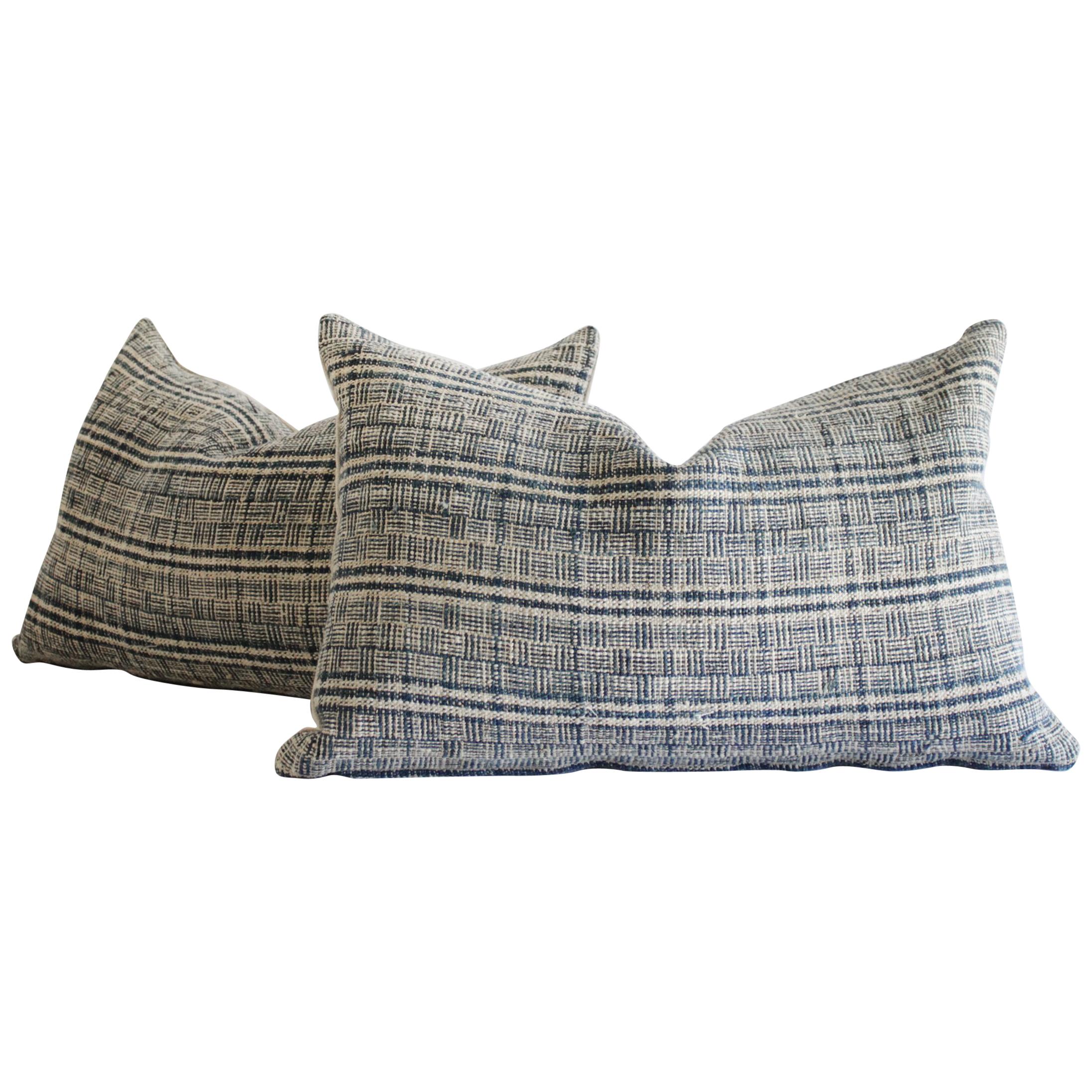 Homespun Linen Lumbar Pillows Made from Vintage Indigo Stripe and Linen