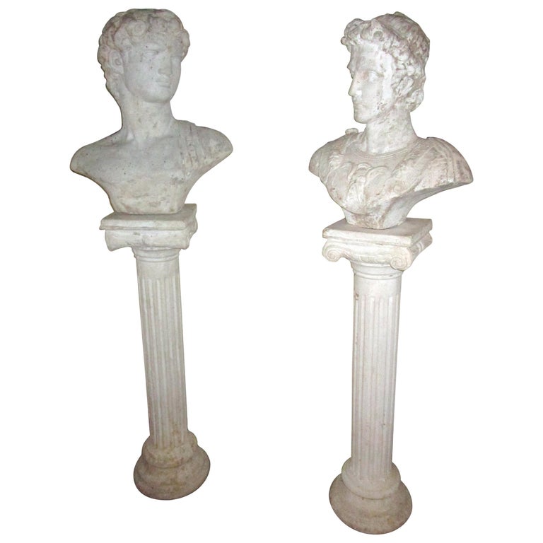 Pair of Greek God Garden Statue Busts on Ionic Column Pedestals For