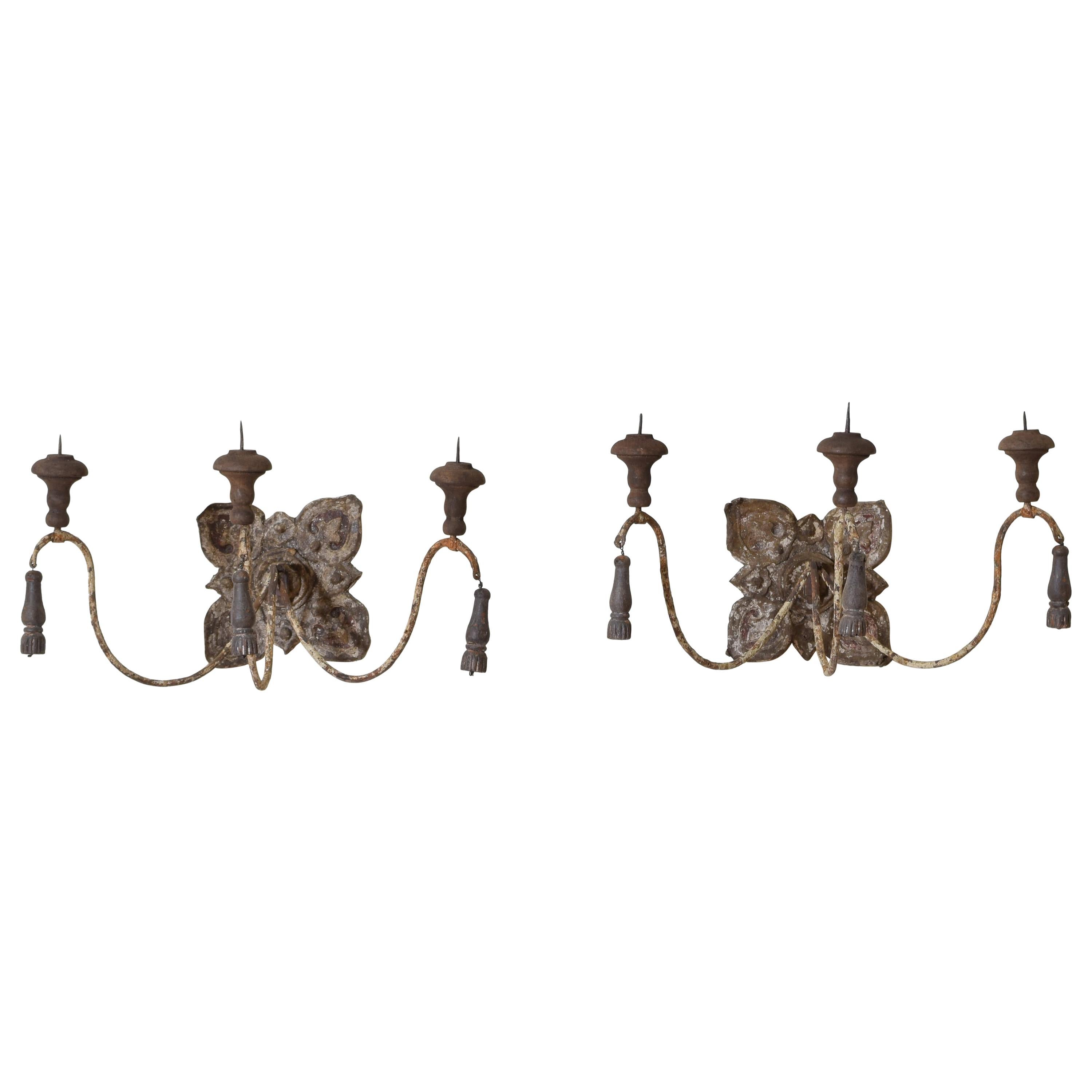 Pair of  Italian Papier Mache', Iron, and Wooden 3-Arm Sconces 19th-20th Century