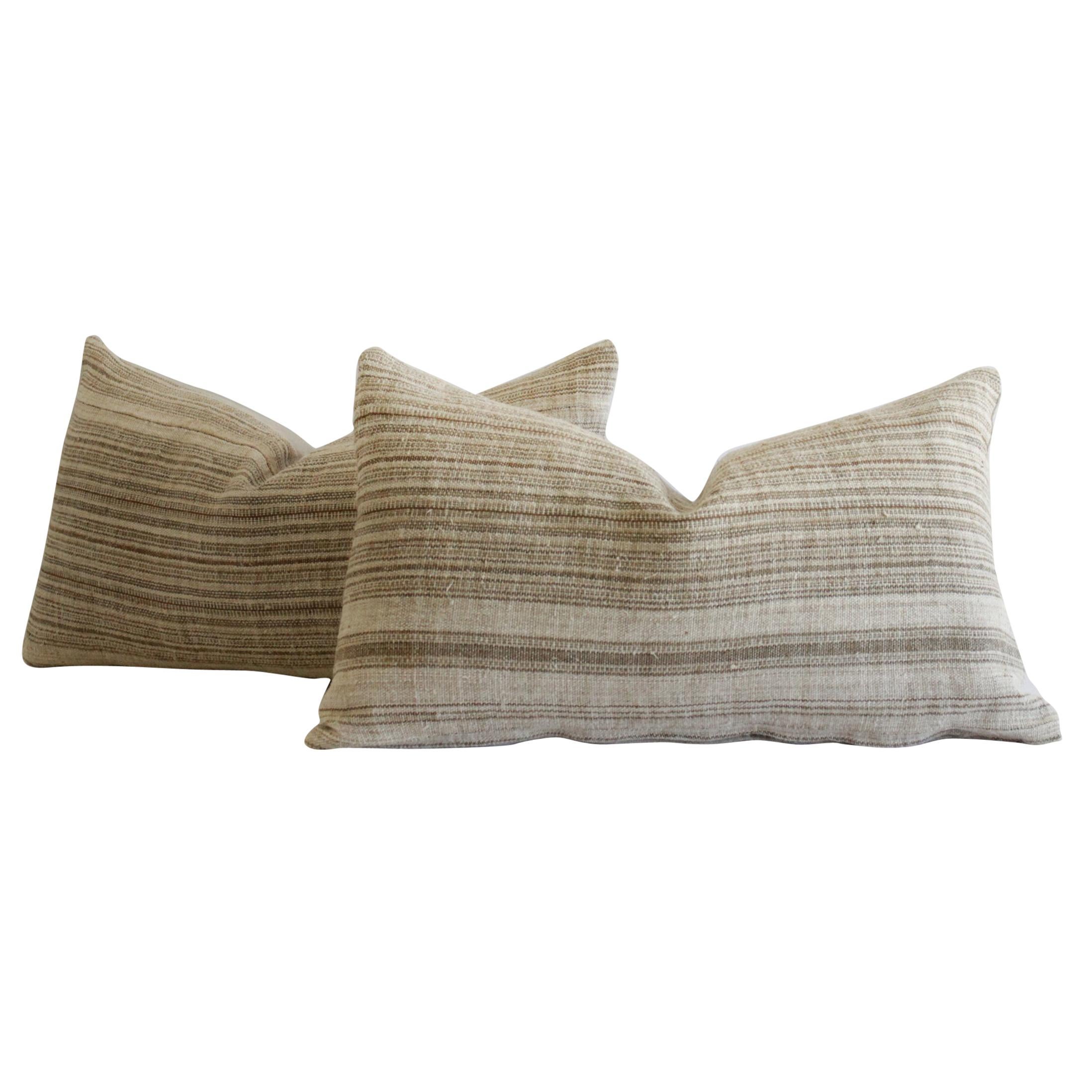 Antique Homespun Linen Pillows in Natural and Brown Stripe