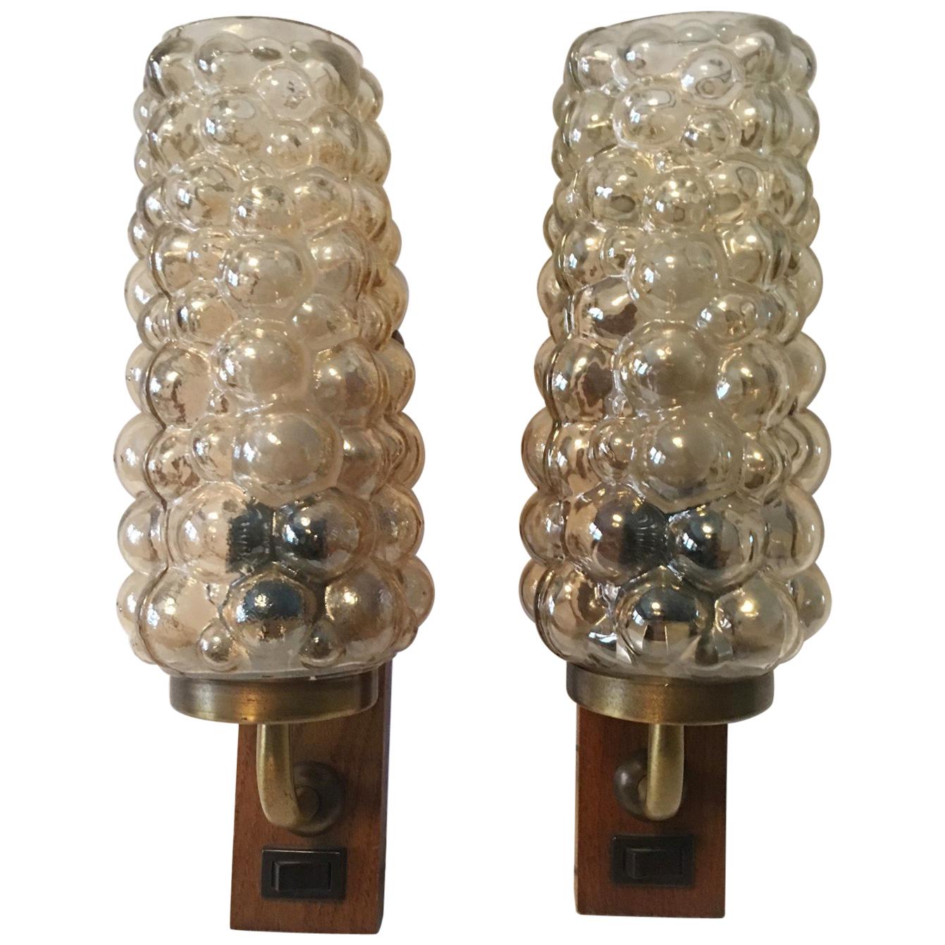 Pair of 1960s Brass Wood Bubble Glass Sconces in the Helena Tynell Style For Sale