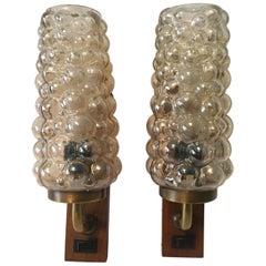 Vintage Pair of 1960s Brass Wood Bubble Glass Sconces in the Helena Tynell Style
