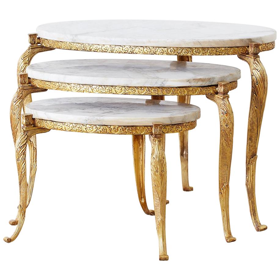 Nest of Italian Doré Bronze and Marble Drink Tables