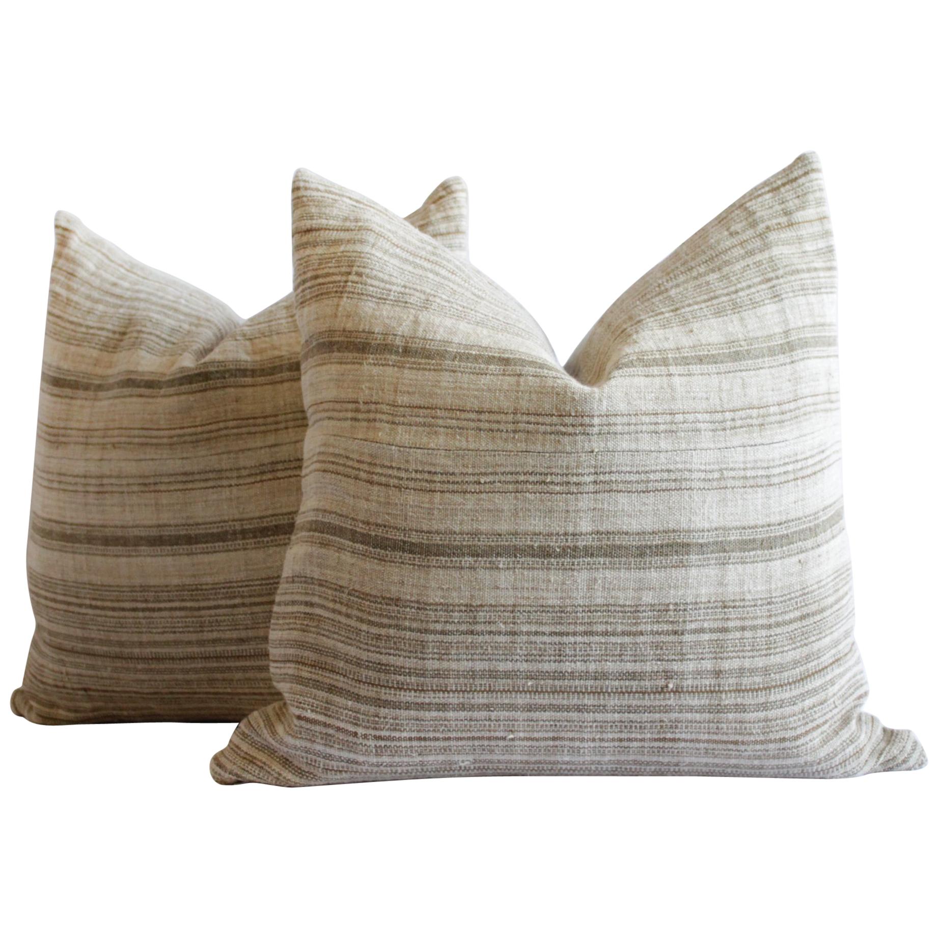 Antique Homespun Linen Pillows in Natural and Brown Stripe by Full Bloom Cottage