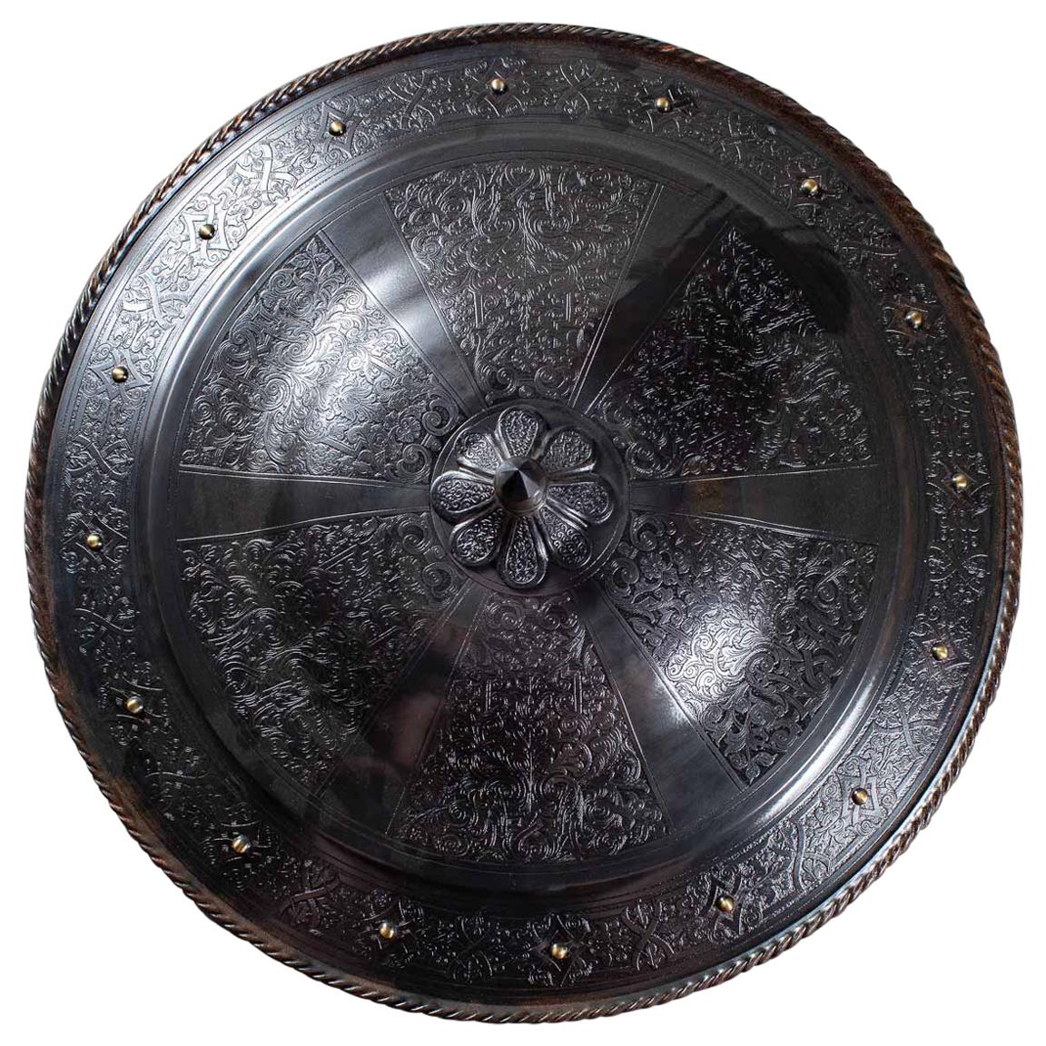 Antique Indo Persian Round Shield of Steel circa 1875 Damascene Engraving For Sale