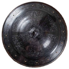 Antique Indo Persian Round Shield of Steel circa 1875 Damascene Engraving