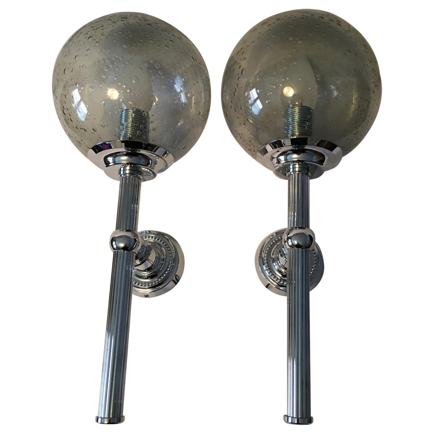 Pair of 1960s Chrome and Smoked Air Bubbles Glass Sconces For Sale