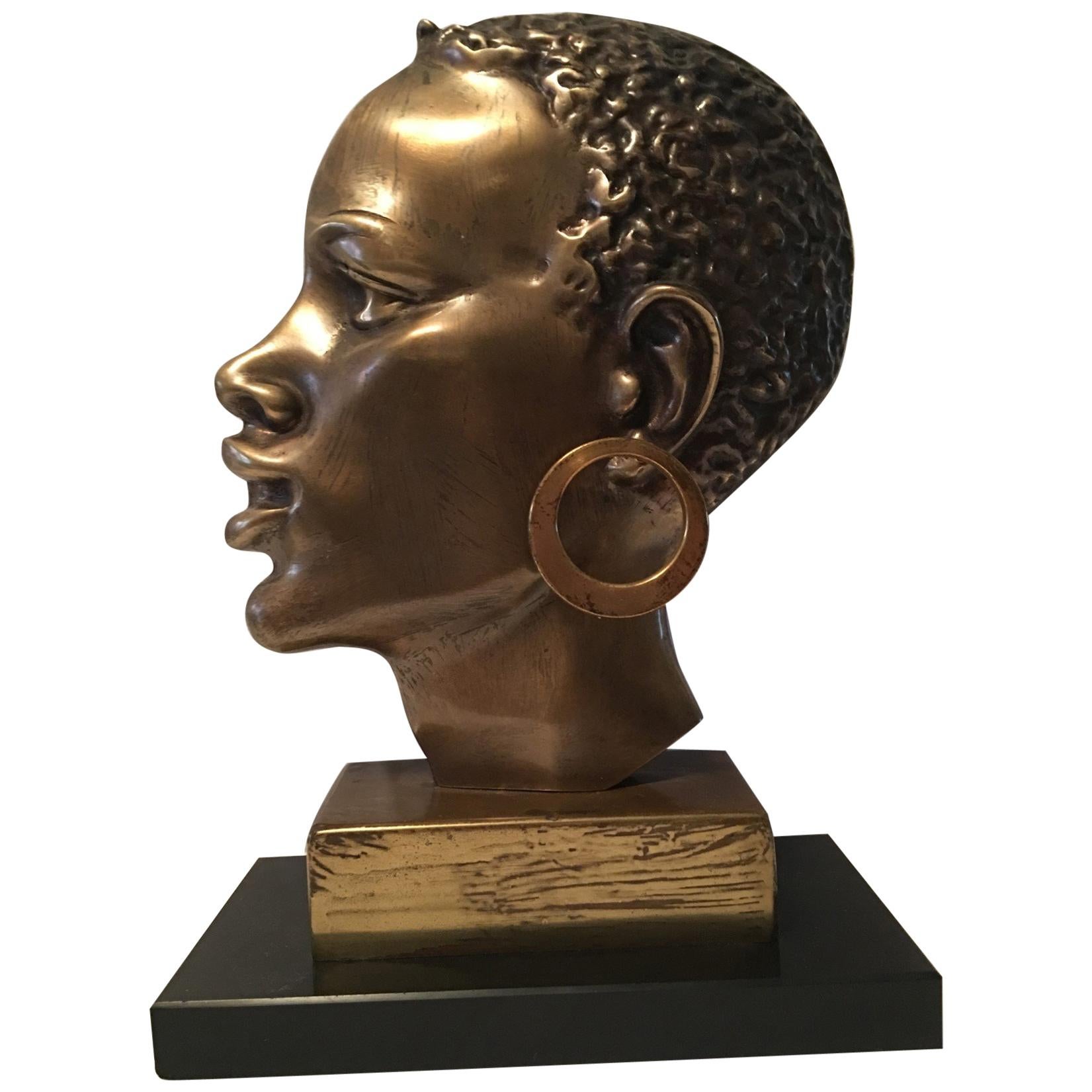African Native Head Brass Bust on Marble Base in the Style of Hagenauer For Sale