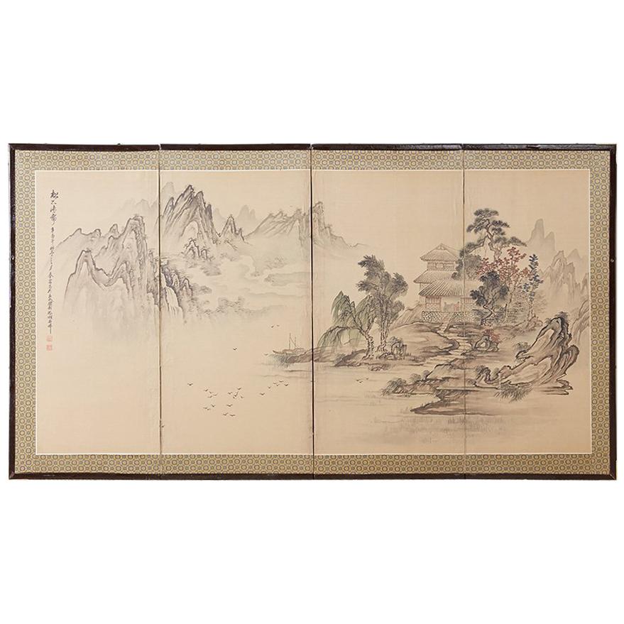 Japanese Showa Period Four Panel Landscape Screen
