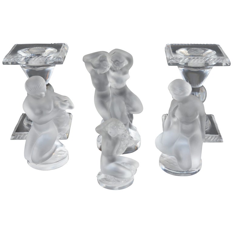 Collection of Figurines and a Pair of Candle Sticks by Lalique For Sale