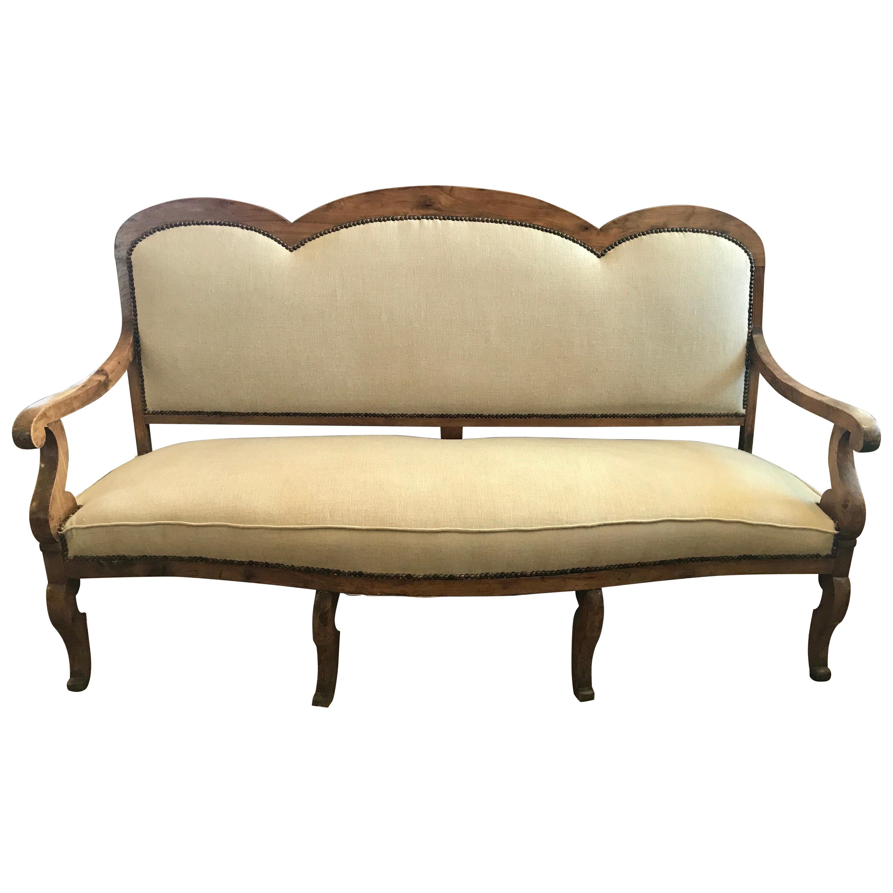 Antique Carved Wood French Settee Sofa Loveseat in Belgian Linen