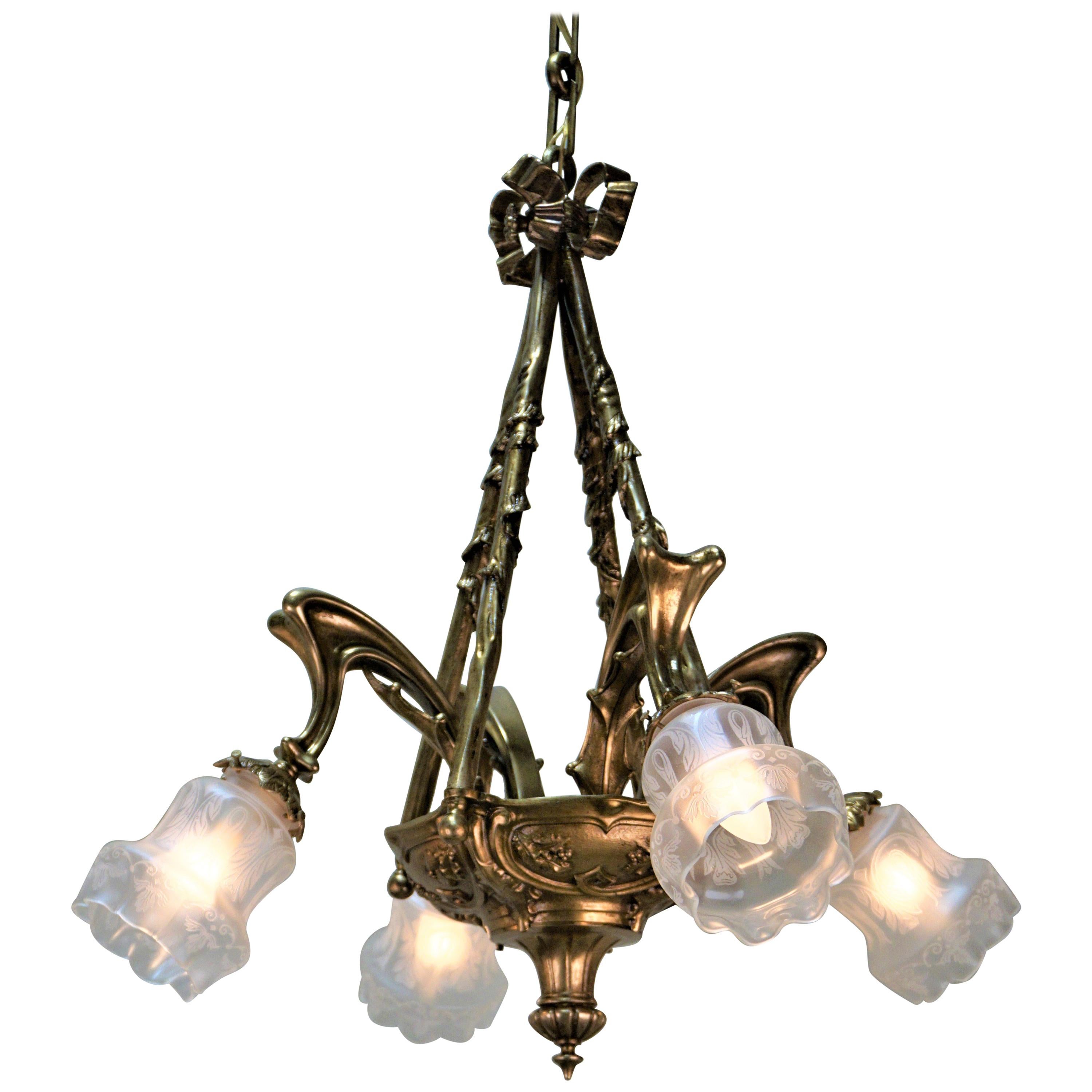 French Art Nouveau Bronze Chandelier