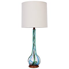 Tall Hand Blown Clear Murano Art Glass Lamp with Aqua and Green Ribbon Swirls