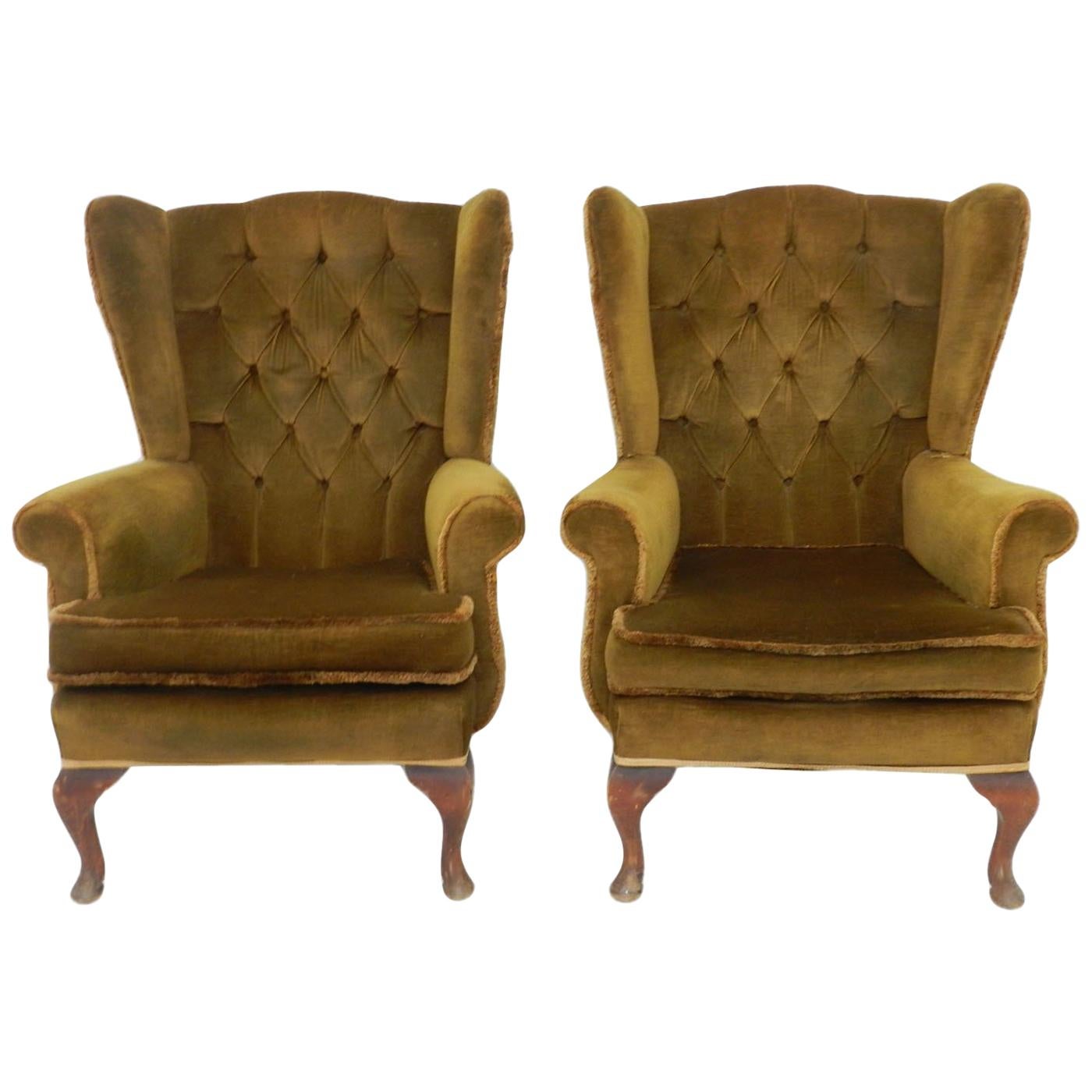 Pair of Wingback Armchairs Early 20th Century Includes Recovering Tufted Button