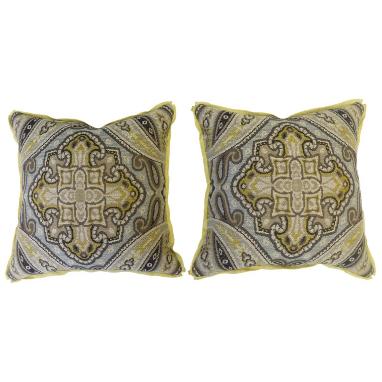 Throw Pillows with Kilim Design and Green Linen Back For Sale at 1stDibs