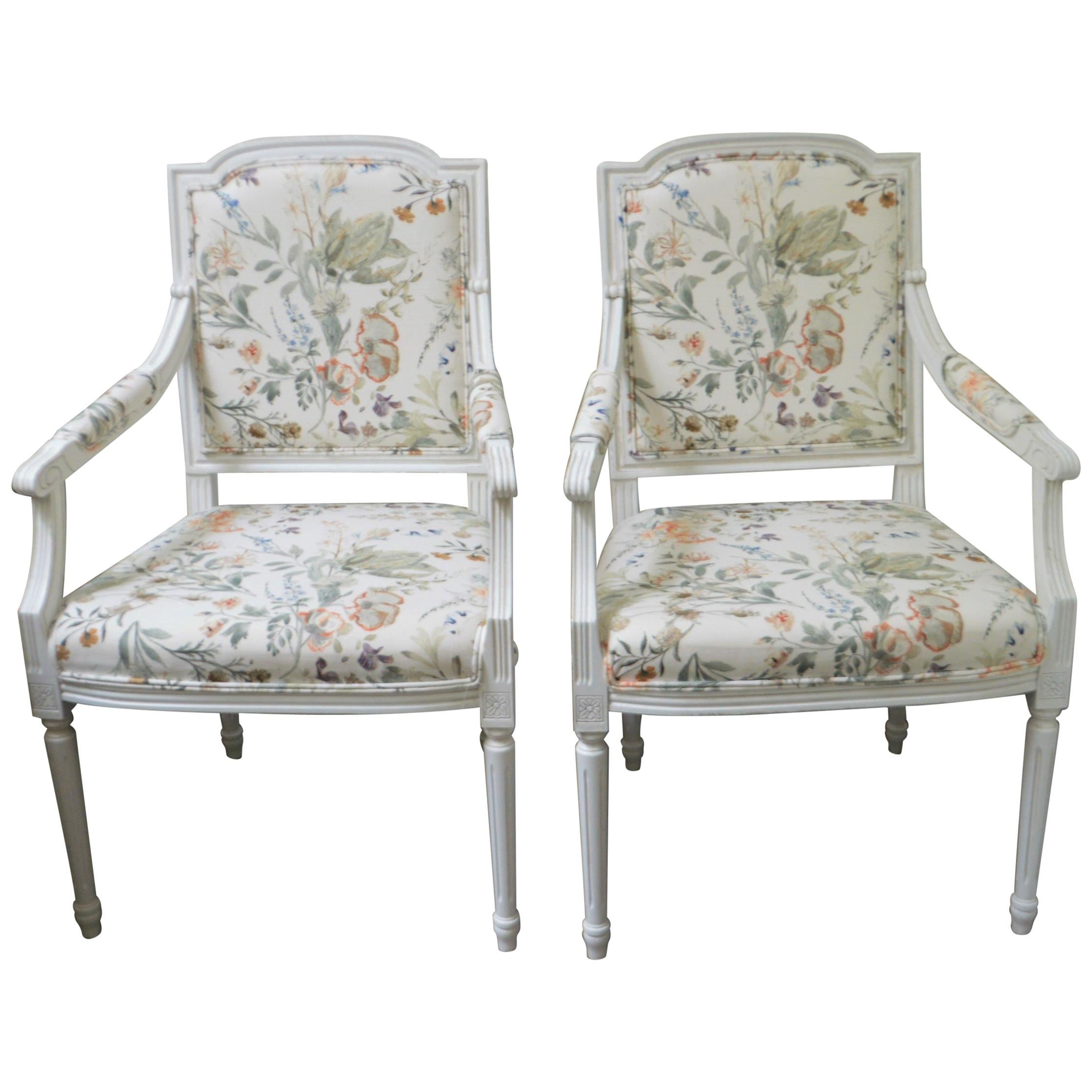 Pair of Louis XVI Style White Painted Armchairs, Upholstered with a Print Fabric For Sale