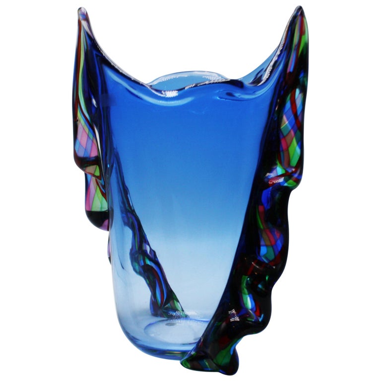 Large Blue Murano Vase with Multicolored Detailing, c. 1970 For Sale at