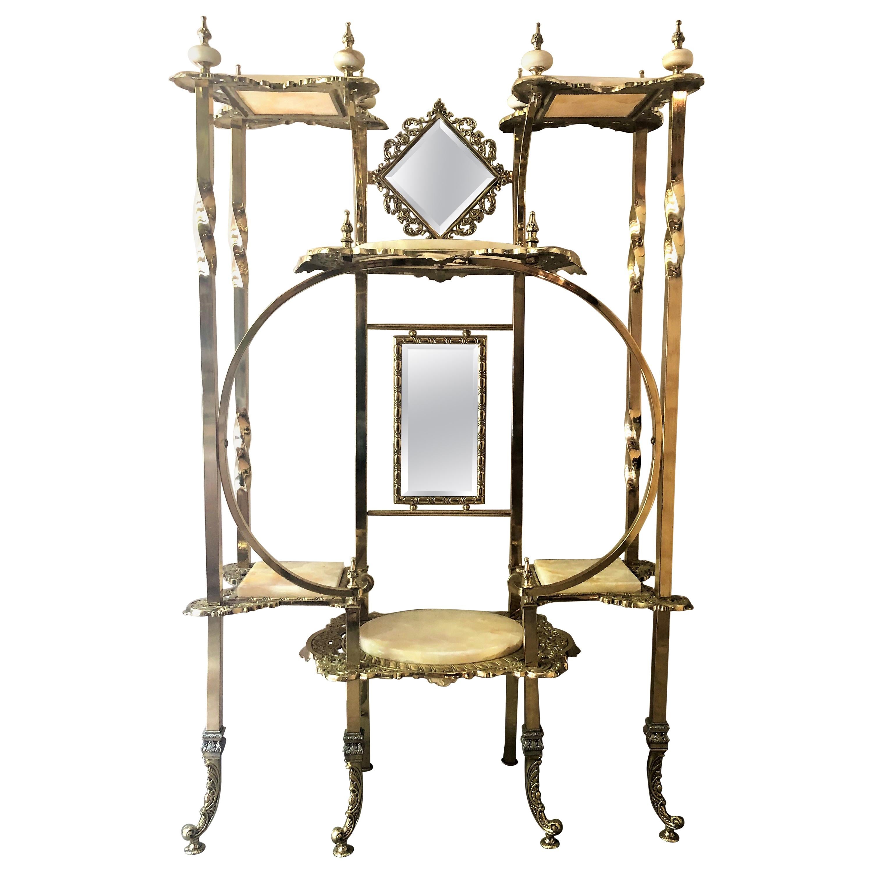 Antique English High Victorian Brass and Onyx Mirrored Etagere, circa 1890-1910
