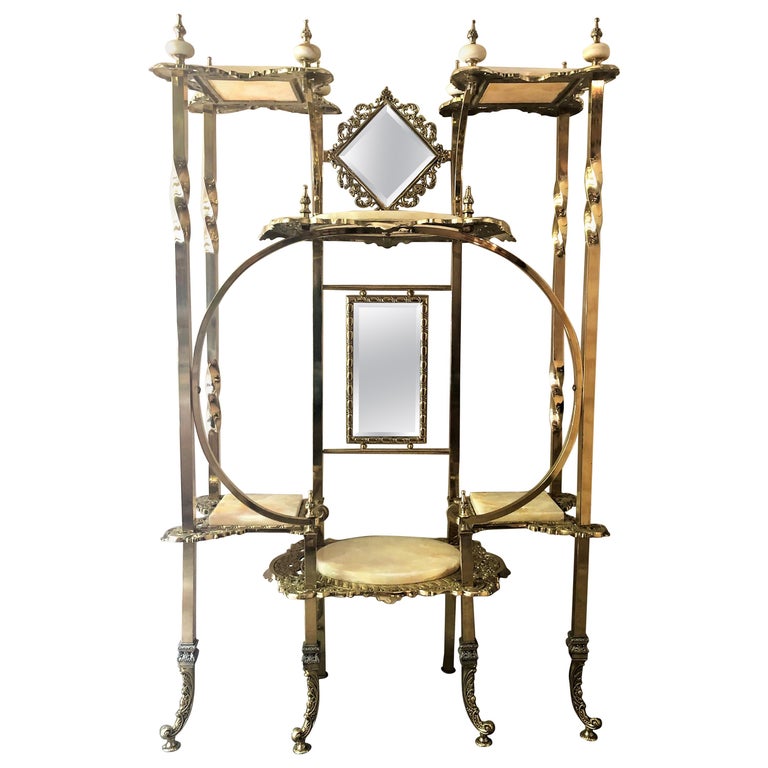 Antique English High Victorian Brass And Onyx Mirrored Etagere