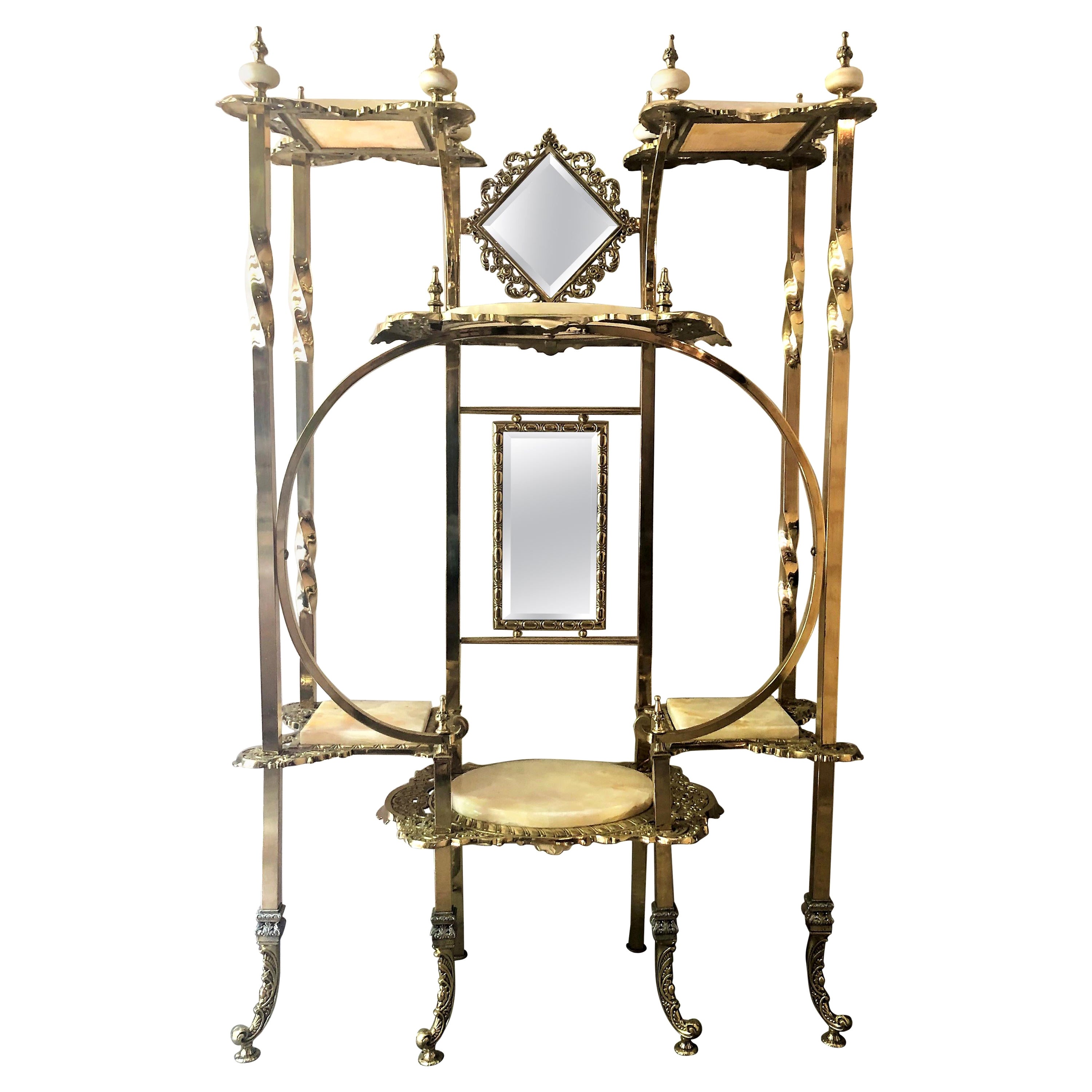 Antique English High Victorian Brass and Onyx Mirrored Etagere, Circa 1890-1910
