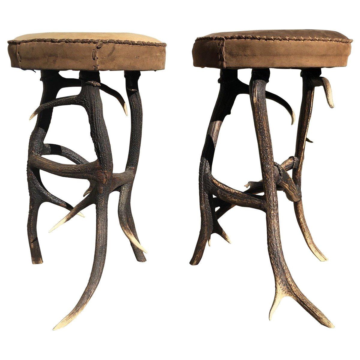 Pair of Antler Legs Round Stools, Americana For Sale
