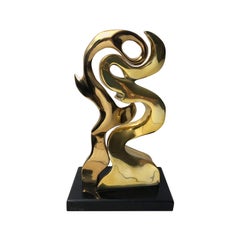 1970s Gold Toned Abstract Sculpture on Black Stone Base