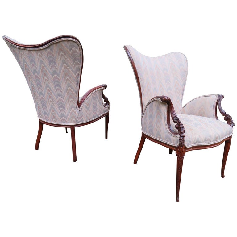 Pair Grosfeld House Hollywood Regency Mahogany Lounge Armchairs