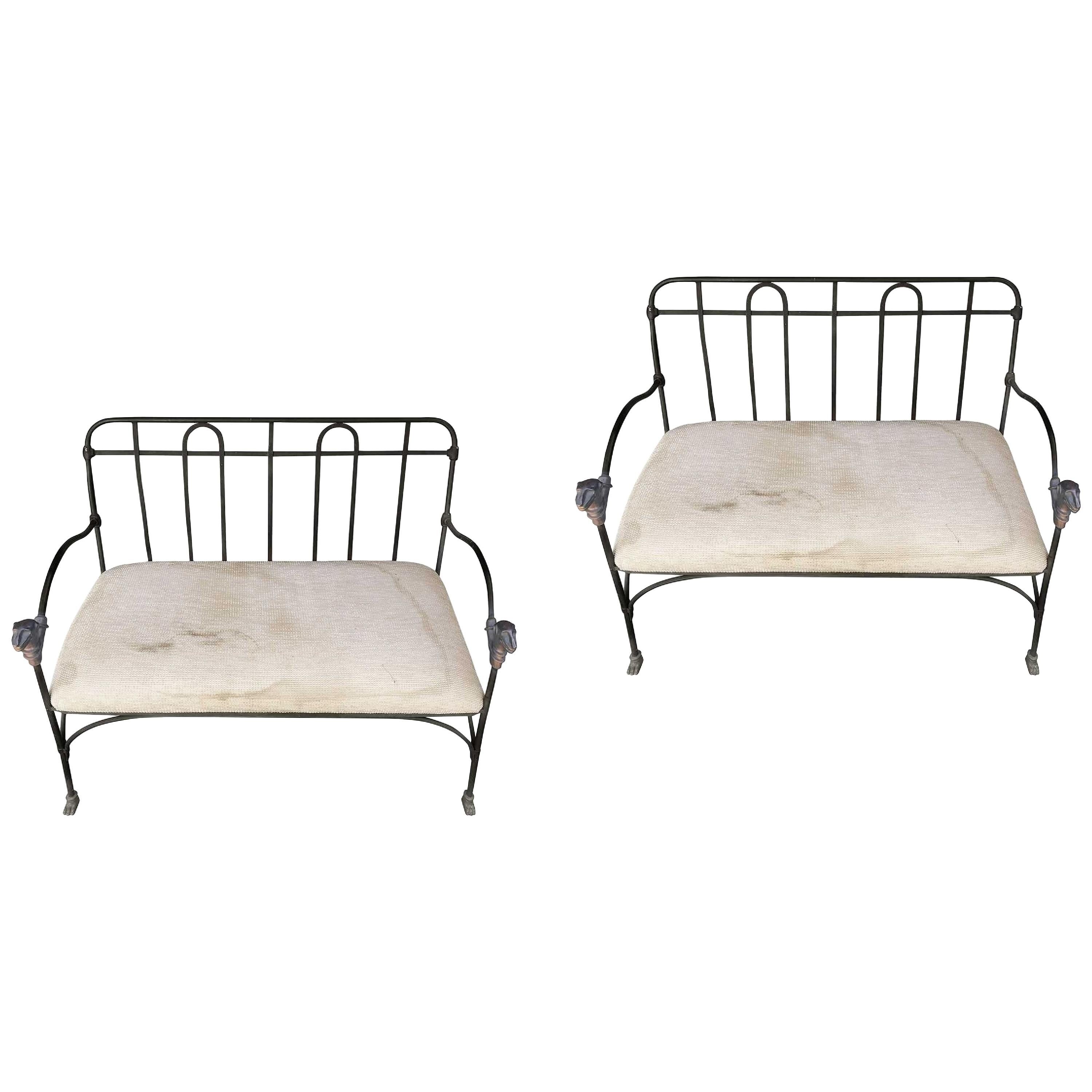 Pair of Outdoor, Indoor J-Art Iron Co Settees with Lion Heads For Sale